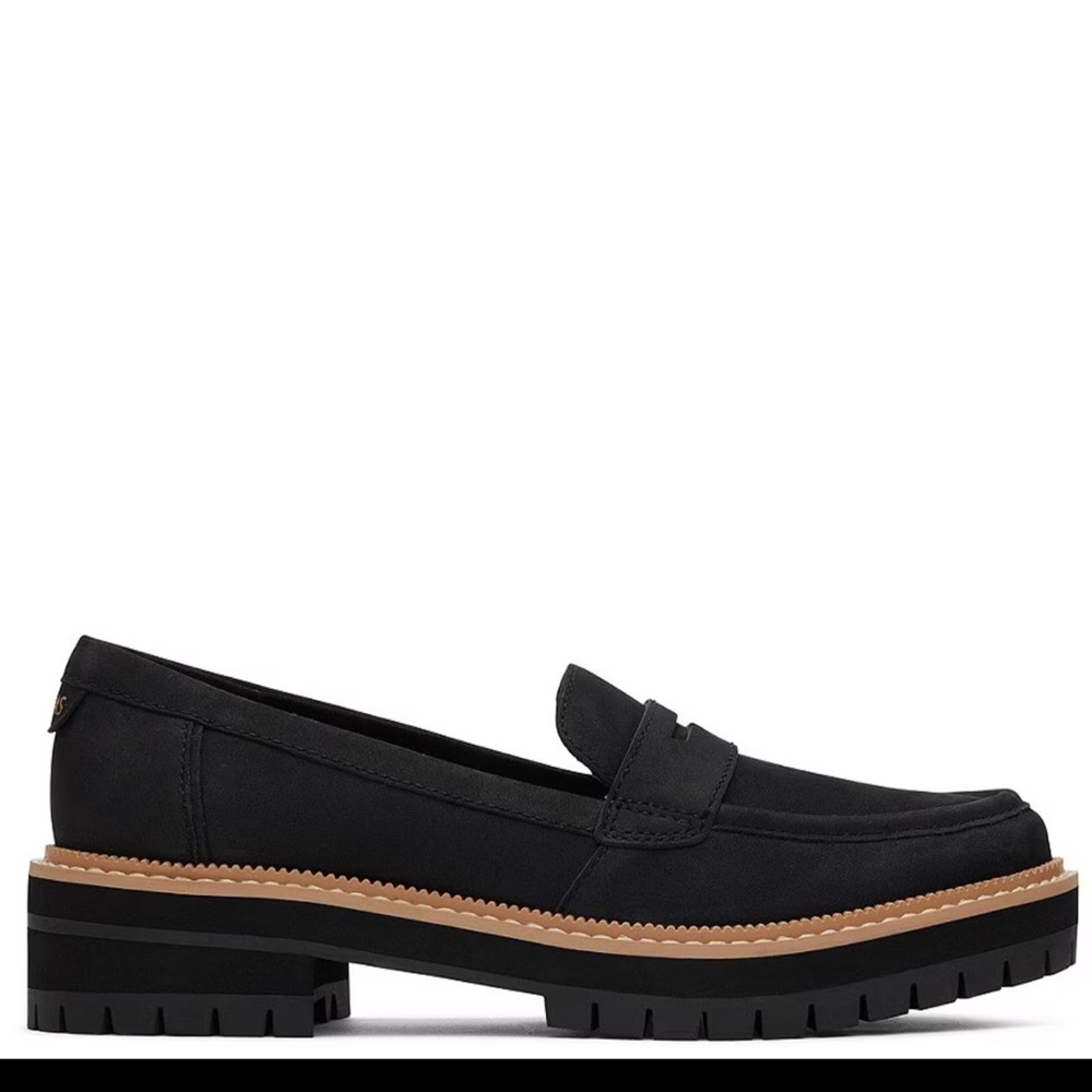 TOMS Black Suede Lug Sole Loafers Cara Style - Picture 4 of 11